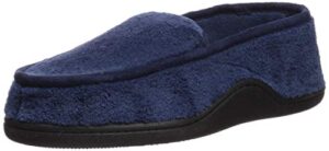 isotoner men's terry moccasin slipper with memory foam for indoor/outdoor comfort, navy, large
