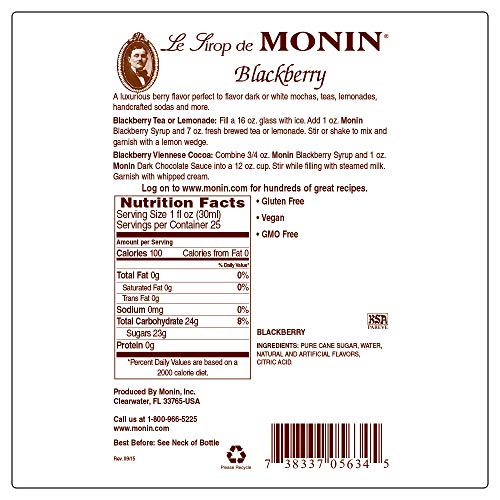 Monin - Blackberry Syrup, Delicious Berry Flavored Syrup, Cocktail Syrup, Authentic Flavor Drink Mix, Simple Syrup for Iced Tea, Lemonade, Cocktails, & More, Clean Label, Gluten-Free (1 Liter)