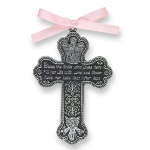 k-musculo 4" pewter baptism bless the child guardian angel cross crib medal for girl