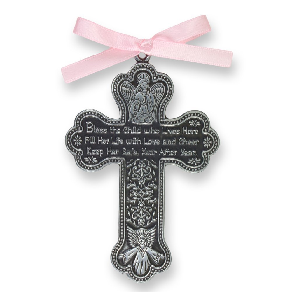 K-Musculo 4" Pewter Baptism Bless The Child Guardian Angel Cross Crib Medal for Girl