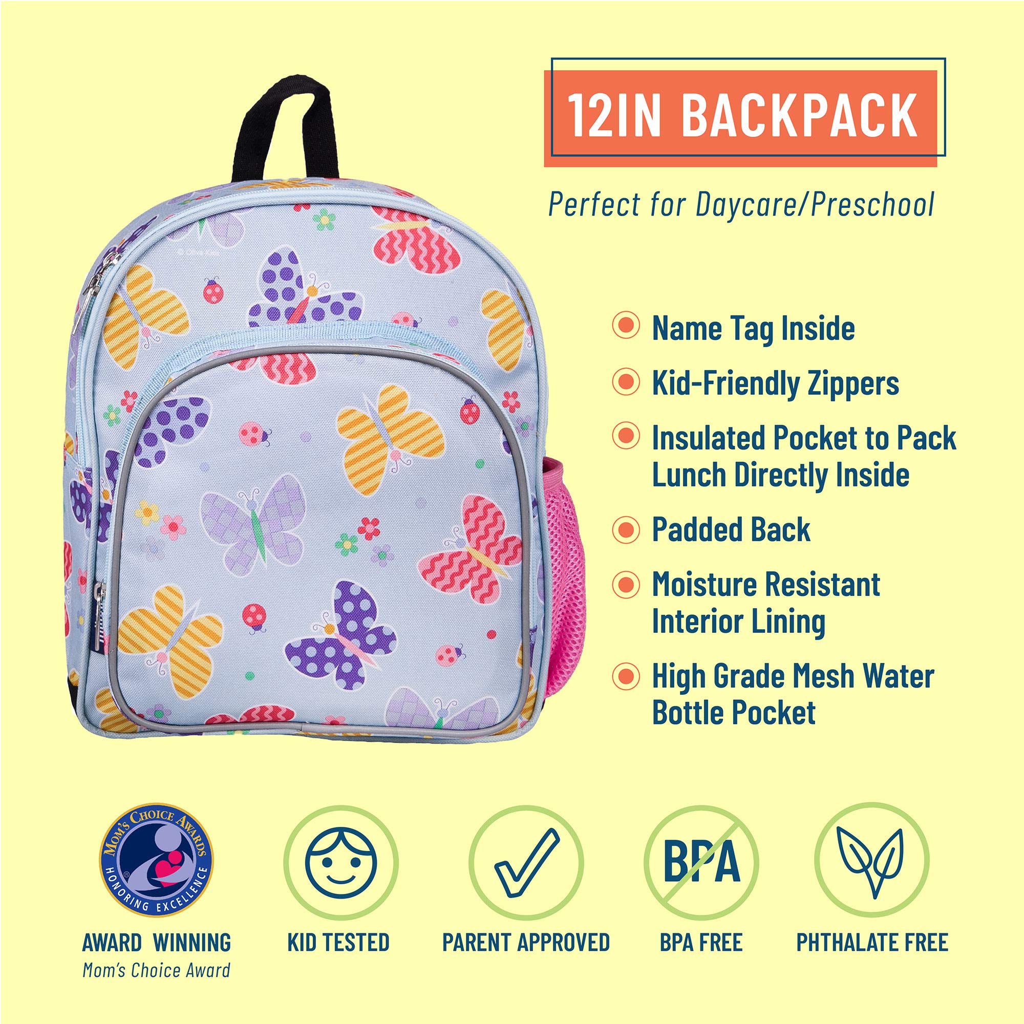 Wildkin 12-Inch Kids Backpack for Boys & Girls, Perfect for Daycare and Preschool, Toddler Bags Features Padded Back & Adjustable Strap, Ideal for School & Travel Backpacks (Butterfly Garden)