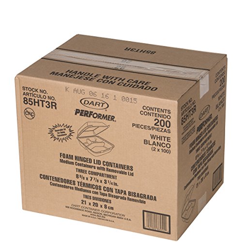 DART 85HT3R Med Perforated 3 Comp Foam Hinged Container, 8.5 Inches (Case of 200), original version,White