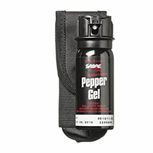 sabre tactical pepper gel with belt holster for easy carry, maximum police strength oc spray, quick access fast flip top safety, tactical design for security professionals, 1.8 fl oz
