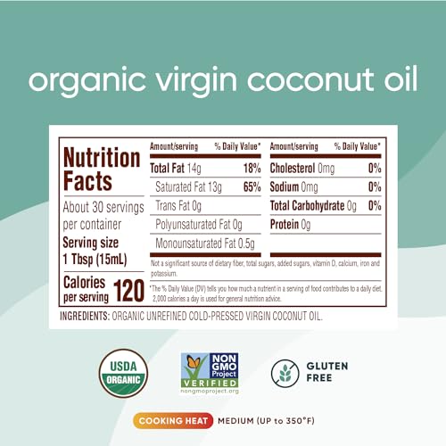Nutiva Organic Coconut Oil 15 fl oz, Cold-Pressed, Fresh Flavor for Cooking, Natural Hair, Skin, Massage Oil and, Non-GMO, USDA Organic, Unrefined Extra Virgin Coconut Oil (Aceite de Coco)