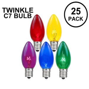 Novelty Lights Twinkle Christmas Replacement Bulbs - Outdoor Individual Bulbs for Events, Holiday Parties, Patios, and More - C7/E12 Candelabra Base, 5 Watt Lights (Multicolor, 25 Pack)