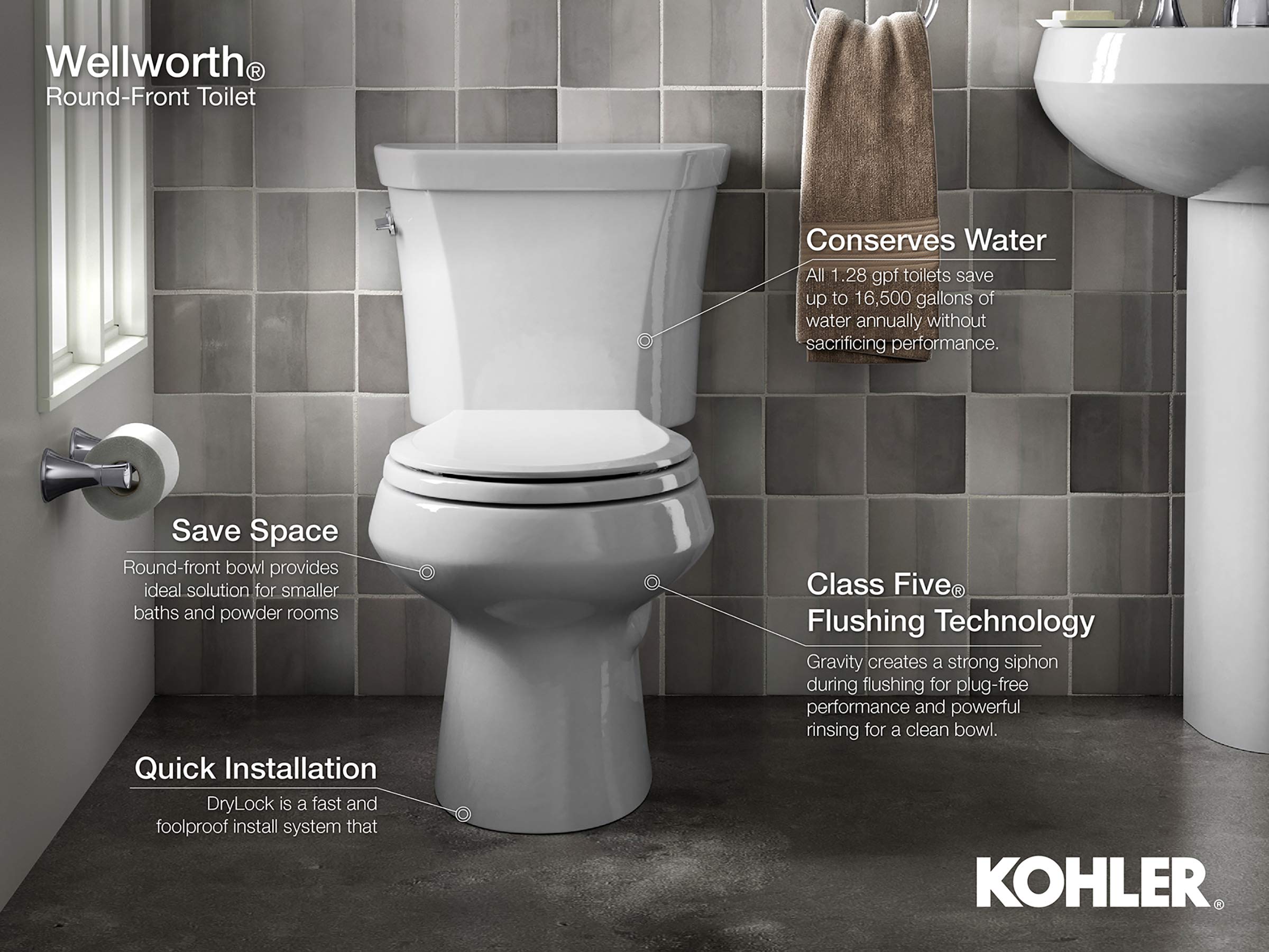 Kohler K-3577-RA-0 Wellworth Classic 1.28gpf Round-Front Toilet with Class Five Flushing Technology and Right-Hand Trip Lever, White, 12 Inch