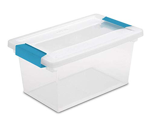 Sterilite Medium Clip Box, Stackable Small Storage Bin with Latching Lid, Plastic Container to Organize Office, Crafts, Clear Base and Lid, 4-Pack