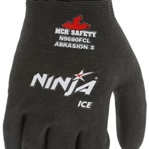 MCR Safety Gloves N9690FCM Ninja ICE Insulated Work Gloves 15 Gauge Black Nylon with Acrylic Terry Interior, HPT Coated, Medium, 1 Pair