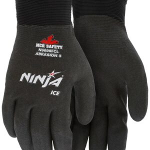 MCR Safety Gloves N9690FCL Ninja Ice Insulated Work Gloves 15-Gauge Black Nylon with Acrylic Terry Interior Fully Coated with HPT, Large, 1 Pair