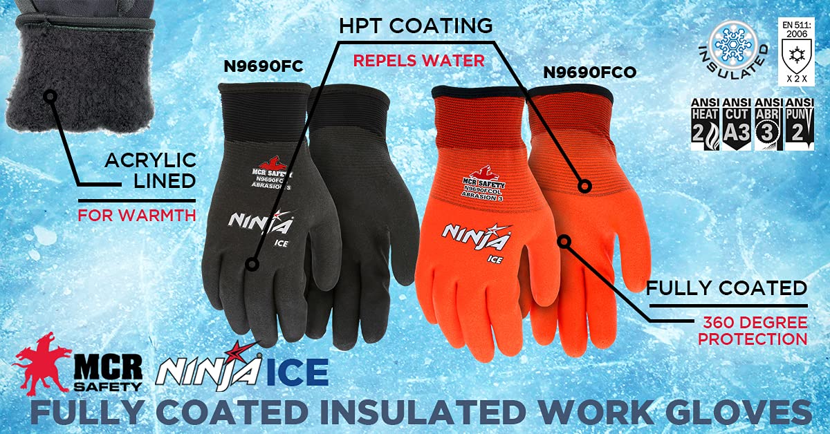 MCR Safety Gloves N9690FCL Ninja Ice Insulated Work Gloves 15-Gauge Black Nylon with Acrylic Terry Interior Fully Coated with HPT, Large, 1 Pair