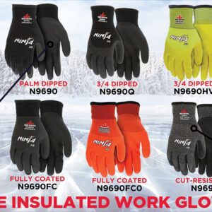 MCR Safety Gloves N9690FCL Ninja Ice Insulated Work Gloves 15-Gauge Black Nylon with Acrylic Terry Interior Fully Coated with HPT, Large, 1 Pair