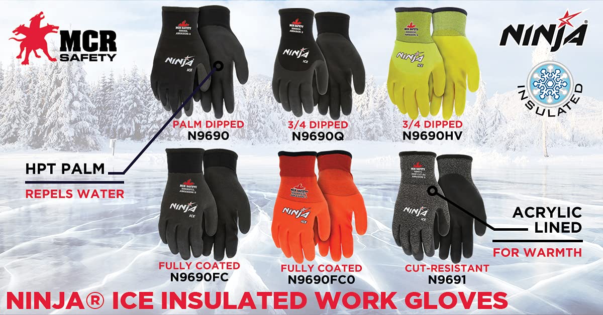 MCR Safety Gloves N9690FCL Ninja Ice Insulated Work Gloves 15-Gauge Black Nylon with Acrylic Terry Interior Fully Coated with HPT, Large, 1 Pair