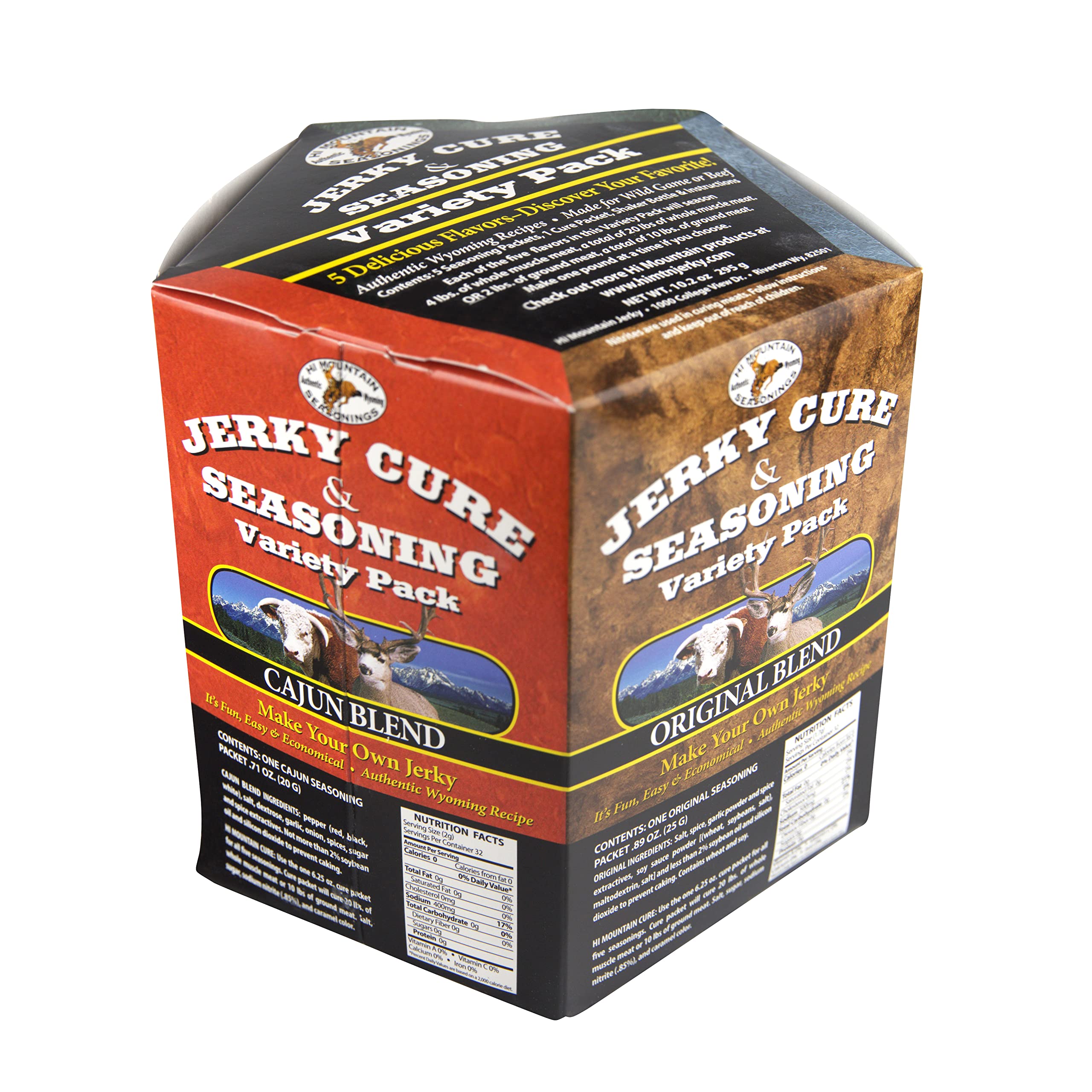 Hi Mountain Jerky Seasoning and Cure Kit - VARIETY PACK #1: Original, Mesquite, Hickory, Cracked Pepper N’ Garlic, & Cajun Flavors. Create Delicious & Flavorful Jerky at Home