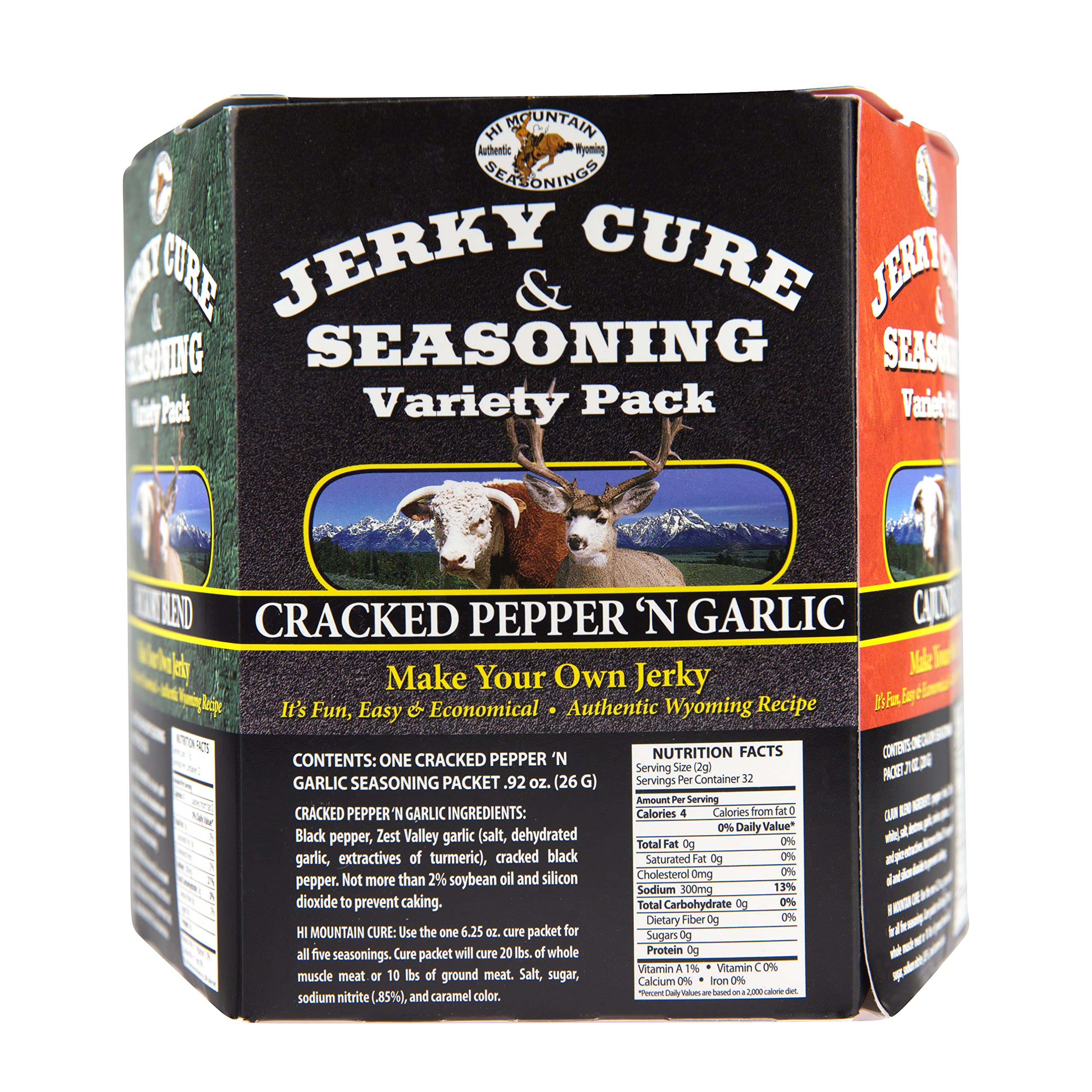 Hi Mountain Jerky Seasoning and Cure Kit - VARIETY PACK #1: Original, Mesquite, Hickory, Cracked Pepper N’ Garlic, & Cajun Flavors. Create Delicious & Flavorful Jerky at Home