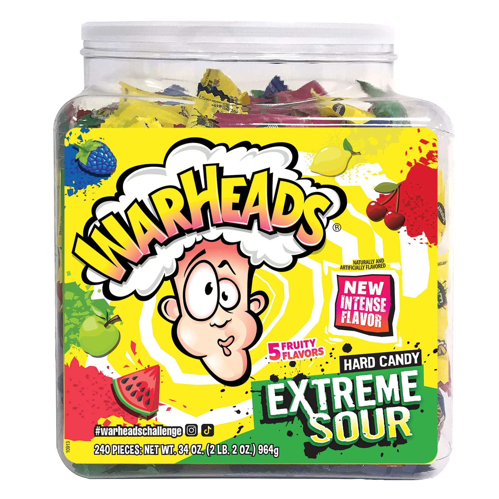 WARHEADS - Extreme Sour Hard Candy - Sour Apple, Black Cherry, Blue Raspberry, Lemon & Watermelon Flavors - 34 oz. Tub with 240 Pieces of Candy