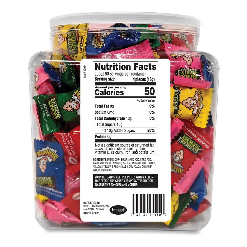 WARHEADS - Extreme Sour Hard Candy - Sour Apple, Black Cherry, Blue Raspberry, Lemon & Watermelon Flavors - 34 oz. Tub with 240 Pieces of Candy