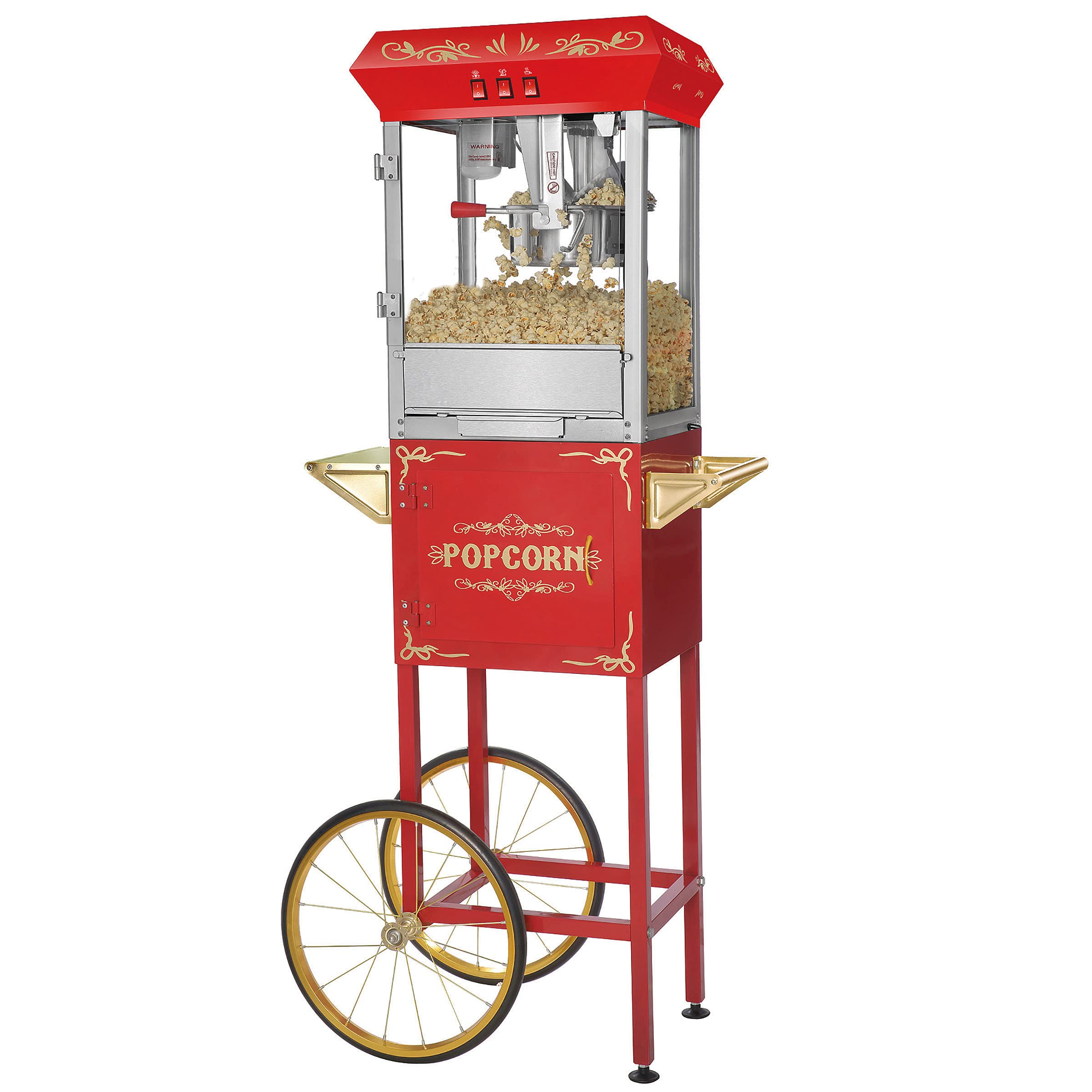 Great Northern Popcorn Foundation Popcorn Machine with Cart 8oz Popper with Stainless-Steel Kettle, Warming Light, and Accessories, (Red)