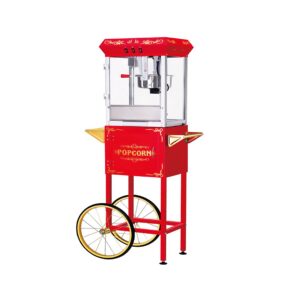 Great Northern Popcorn Foundation Popcorn Machine with Cart 8oz Popper with Stainless-Steel Kettle, Warming Light, and Accessories, (Red)