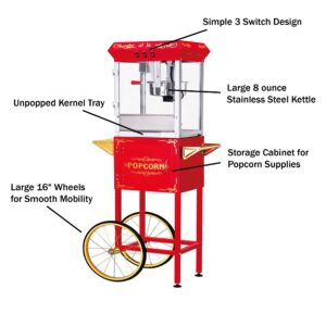 Great Northern Popcorn Foundation Popcorn Machine with Cart 8oz Popper with Stainless-Steel Kettle, Warming Light, and Accessories, (Red)