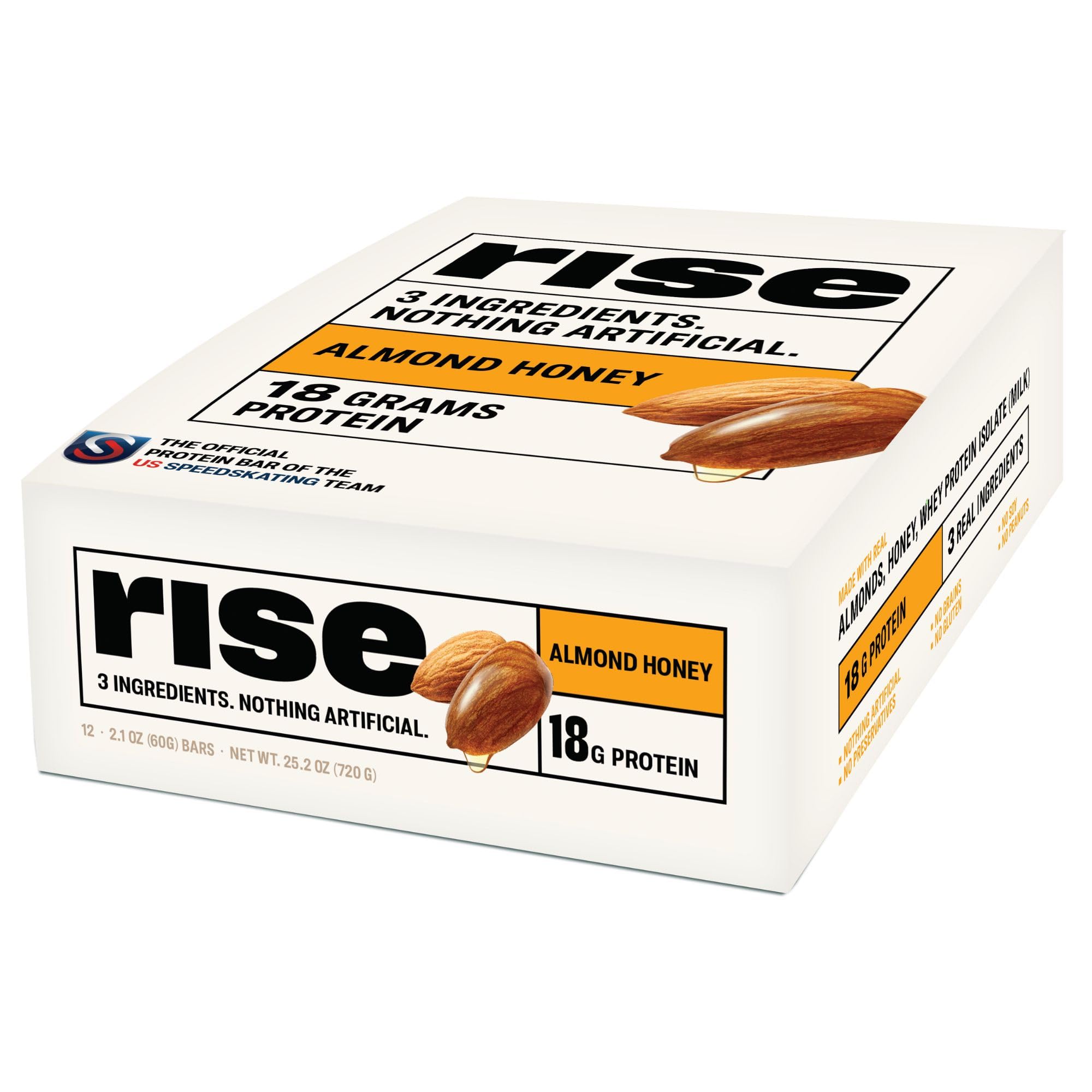 Rise Whey Protein Bars - Almond Honey | Healthy Breakfast Bar & Protein Snacks, 18g Protein, 4g Fiber, Just 3 Whole Food Ingredients, Non-GMO Healthy Snacks, Gluten-Free, Soy Free Bar, 12 Pack