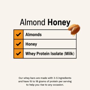 Rise Whey Protein Bars - Almond Honey | Healthy Breakfast Bar & Protein Snacks, 18g Protein, 4g Fiber, Just 3 Whole Food Ingredients, Non-GMO Healthy Snacks, Gluten-Free, Soy Free Bar, 12 Pack