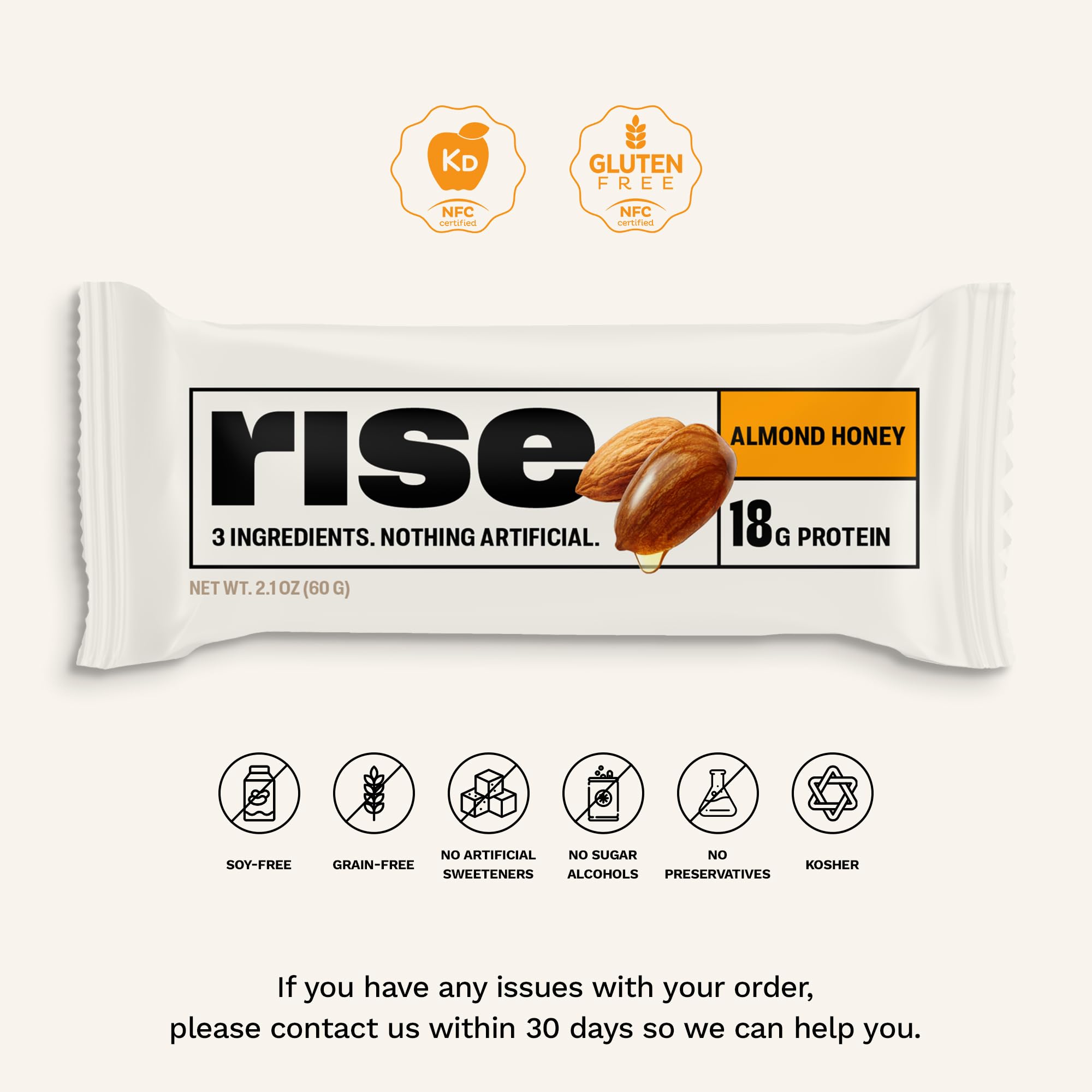 Rise Whey Protein Bars - Almond Honey | Healthy Breakfast Bar & Protein Snacks, 18g Protein, 4g Fiber, Just 3 Whole Food Ingredients, Non-GMO Healthy Snacks, Gluten-Free, Soy Free Bar, 12 Pack