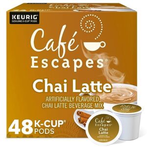 cafe escapes, chai latte tea beverage, single-serve keurig k-cup pods, 48 count (2 boxes of 24 pods)