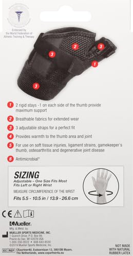 MUELLER Adjust-to-Fit Thumb Stabilizer - Unisex, Black, One Size Fits Most, Ideal for De Quervains Tenosynovitis Brace, Thumb Brace for Arthritis Pain and Support, Can be Worn on Both Hands, Black