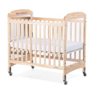 foundations serenity compact daycare crib, fixed side, features mirrorview end panels and slatted side panels, durable wood construction, includes 3” infapure foam mattress (natural)