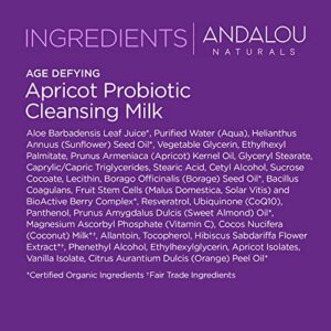 Andalou Naturals Probiotic Cleansing Milk, Apricot Facial Cleanser for Dry, Dehydrated Skin, Gentle Makeup Remover, Hydrating Anti Aging Face Wash, Cruelty Free, 6 Fl Oz