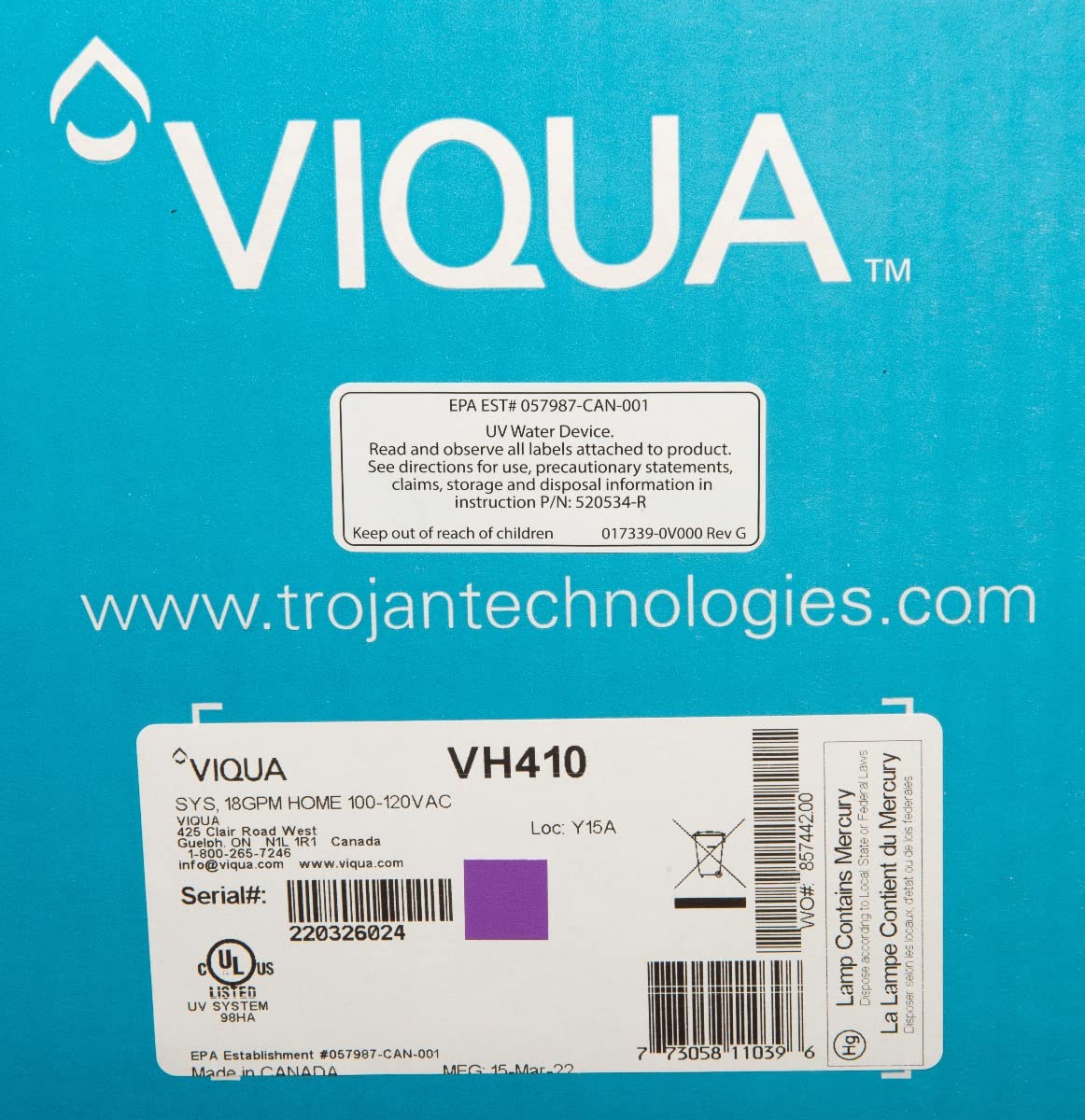 VIQUA VH410 Home Stainless Steel Ultraviolet Water System - 18 GPM 3/4 MNPT 120V