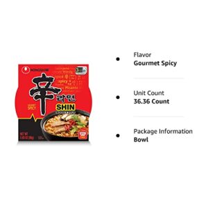 Nongshim Gourmet Spicy Shin Noodle Soup Bowl, 12 Pack, Microwaveable Ramyun Soup Noodles, No MSG Added