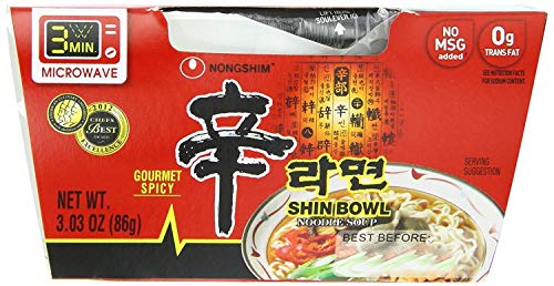 Nongshim Gourmet Spicy Shin Noodle Soup Bowl, 12 Pack, Microwaveable Ramyun Soup Noodles, No MSG Added