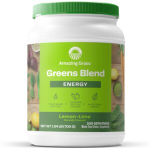 amazing grass green superfood energy: smoothie mix, super greens powder & plant based caffeine with green tea and flax seed, nootropics support, lemon lime, 100 servings