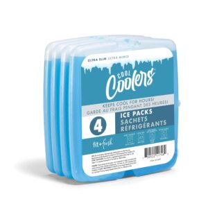 cool coolers by fit & fresh 4 pack slim ice packs, quick freeze space saving reusable ice packs for lunch boxes or coolers, blue