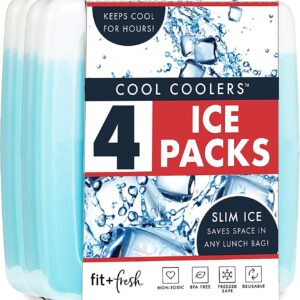 Cool Coolers By Fit & Fresh 4 Pack Slim Ice Packs, Quick Freeze Space Saving Reusable Ice Packs for Lunch Boxes or Coolers, Blue