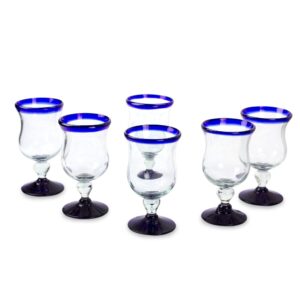novica artisan crafted clear blue rim hand blown recycled glass wine glasses, 7 oz, spring' (set of 6)