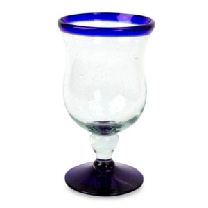 NOVICA Artisan Crafted Clear Blue Rim Hand Blown Recycled Glass Wine Glasses, 7 oz, Spring' (set of 6)