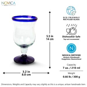 NOVICA Artisan Crafted Clear Blue Rim Hand Blown Recycled Glass Wine Glasses, 7 oz, Spring' (set of 6)