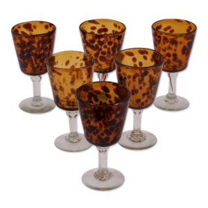 novica artisan handmade recycled ecofriendly wine glasses fair trade mexico brown tableware drinkware cocktail backyard barbeque [7in h x 3.9in diam. 9 oz.] 'tortoise shell' (set of 6)