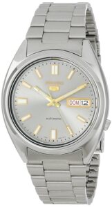 seiko snxs75 automatic watch for men 5-7s collection - striking silver dial with day/date calendar, luminous hands, stainless steel case & bracelet