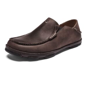 olukai moloa men's leather slip on shoes, waxed nubuck leather & soft moisture-wicking lining, drop-in heel & all weather rubber soles, dk wood/dk java, 8.5