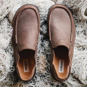 OLUKAI Moloa Men's Leather Slip On Shoes, Waxed Nubuck Leather & Soft Moisture-Wicking Lining, Drop-in Heel & All Weather Rubber Soles, Dk Wood/Dk Java, 8.5