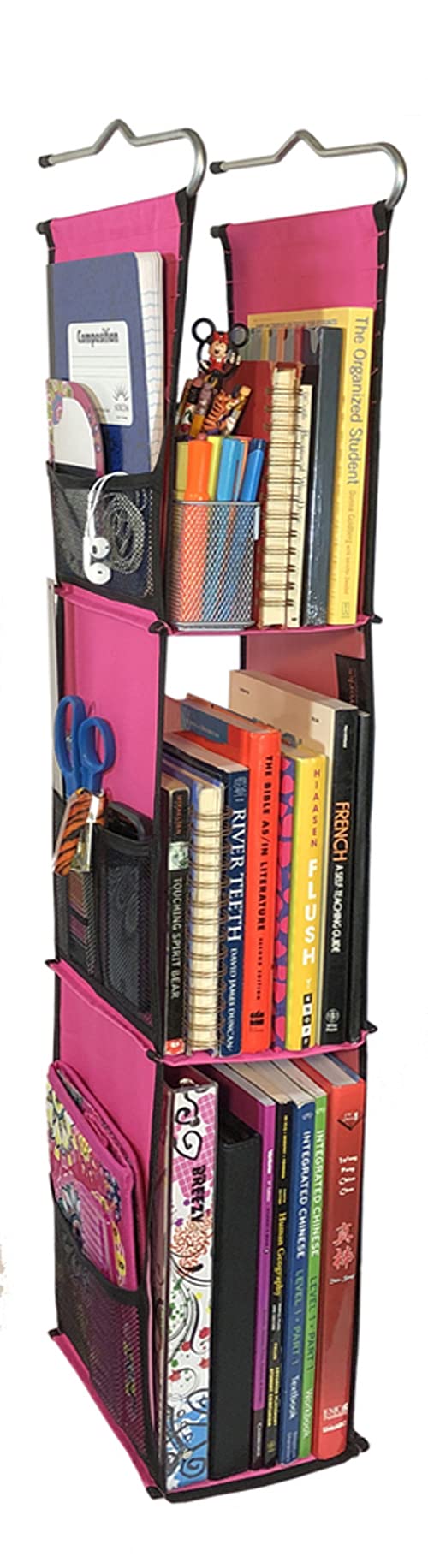 LockerWorks 3 Shelf Adjustable Hanging Locker Organizer, 20-38" Tall x 6" Wide x 9" Deep, Shelves 12"-14" Tall, Hangs from Shelf, Hooks or Rod to Create Storage Space. Fuchsia w/Black Trim