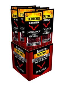 jack link’s premium cuts beef steak, teriyaki, great snack with 9g of protein and 9g of carbs per serving, made with premium beef, 1 ounce (pack of 12)