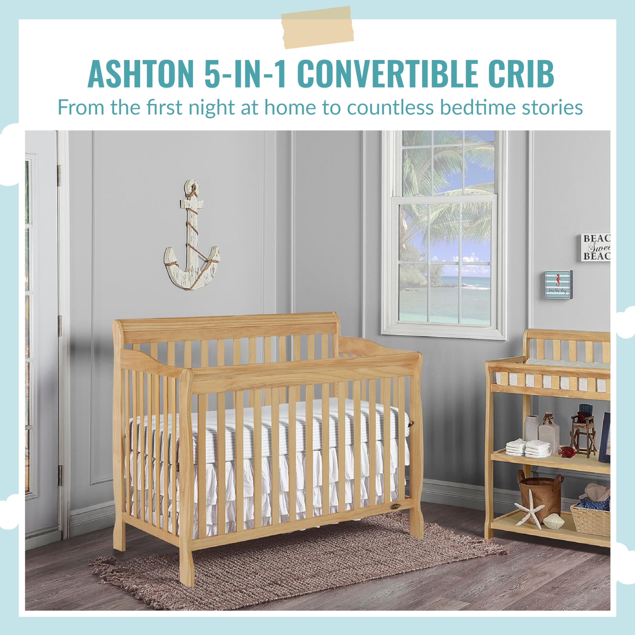 Dream On Me Ashton 4-In-1 Convertible Crib In Natural, Greenguard Gold, JPMA Certified, Non-Toxic Finishes, Features 4 Mattress Height Settings, Made Of Solid Pinewood