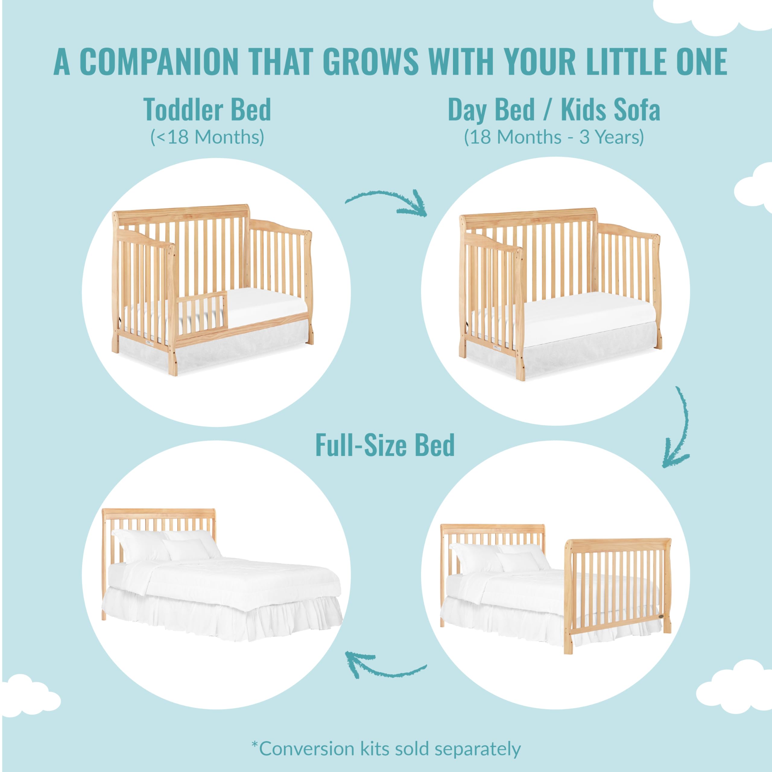 Dream On Me Ashton 4-In-1 Convertible Crib In Natural, Greenguard Gold, JPMA Certified, Non-Toxic Finishes, Features 4 Mattress Height Settings, Made Of Solid Pinewood