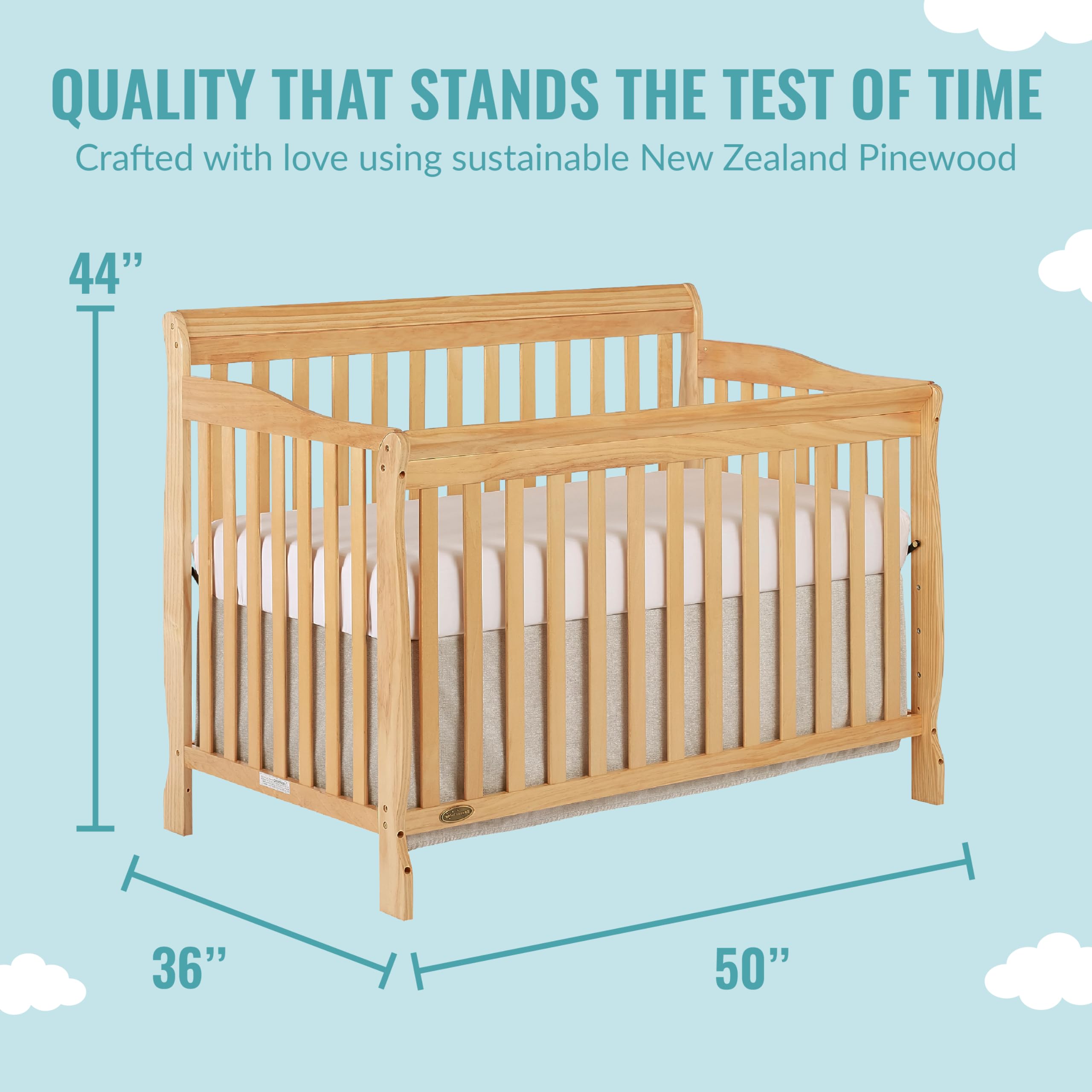 Dream On Me Ashton 4-In-1 Convertible Crib In Natural, Greenguard Gold, JPMA Certified, Non-Toxic Finishes, Features 4 Mattress Height Settings, Made Of Solid Pinewood