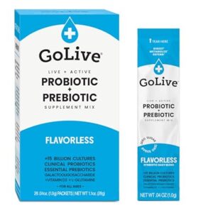 GoLIVE PROBIOTIC + PREBIOTIC SYNBIOTIC POWDER BLEND, Flavorless/Sugarless,for Women, Men & Kids For Better Gut Health,Digestion,Metabolism,Immunity, 10B-50B CFUs, Bimuno GOS+Vitamin D3+L-glutamine