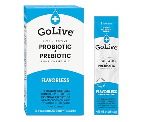 GoLIVE PROBIOTIC + PREBIOTIC SYNBIOTIC POWDER BLEND, Flavorless/Sugarless,for Women, Men & Kids For Better Gut Health,Digestion,Metabolism,Immunity, 10B-50B CFUs, Bimuno GOS+Vitamin D3+L-glutamine